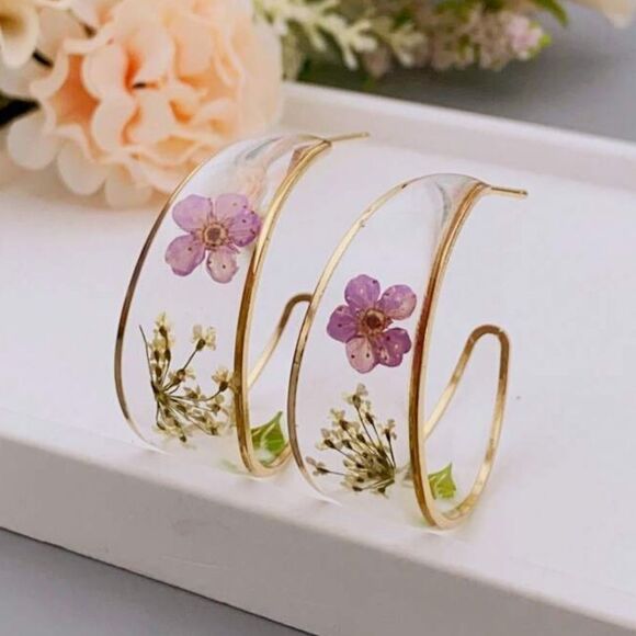 Floral Gold Hoop Earrings N916 - Picture 1 of 5